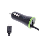 شاحن سيارة بيلكين فائق السرعة بمنفذ USB بقوة 3.4 أمبير مع منفذ USB إضافي وكابل Micro USB حلزوني - أسود