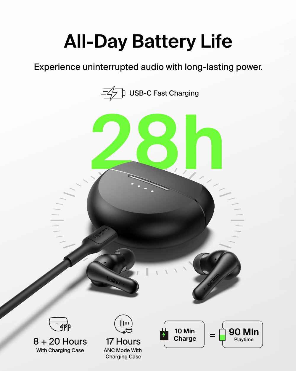 Belkin SoundForm Rhythm ANC Noise-Cancelling Earbuds| 8Hrs Playtime + 20Hrs w/ Charging Case, Clear Calls & Deep Bass, Lightweight Design & Water Resistant, Black