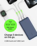 Belkin BOOSTCHARGE 20K Power Bank - Fast Charge 3 Ports (USB-C 1x, USB-A 2x) for Apple iPhone 14/13/12/11/XR/XS/X/8/7/6 Pro Max Plus Mini, iPad Pro/Air/Mini, Airpods & other USB-C Devices - Blue