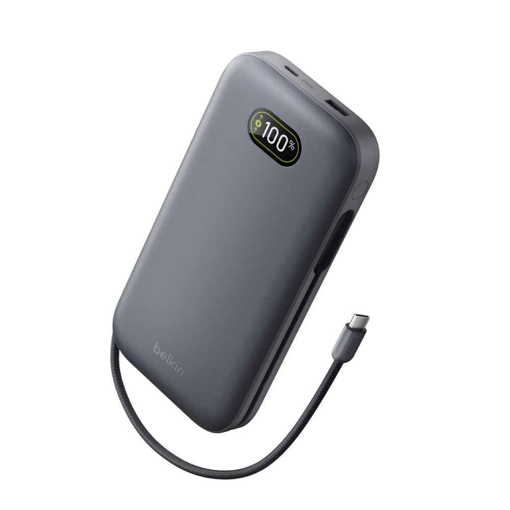Belkin UltraCharge Pro Laptop Power Bank 25K | 158W Shared Output, Fast Charge Integrated 140W USB-C Cable, Digital Display, for MacBooks, Laptops, Tablets, SmartPhones, USB-C Devices, Charcoal
