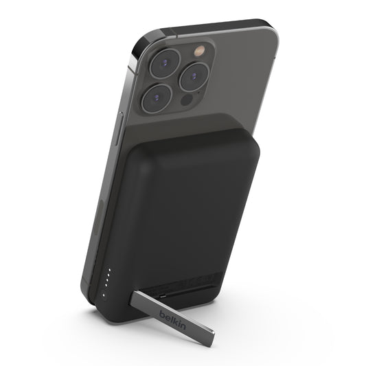 BELKIN Magnetic Wireless Power Bank 5KmAh + Kick Stand| MagSafe Portable Charger, Movies, Video Call, NightStand, for Apple iPhone 16/15/14/13/12 Series, S25/24/23 Ultra - Black