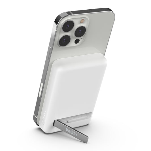 BELKIN Magnetic Wireless Power Bank 5KmAh + Kick Stand| MagSafe Portable Charger, Movies, Video Call, NightStand, for Apple iPhone 16/15/14/13/12 Series, S25/24/23 Ultra - White