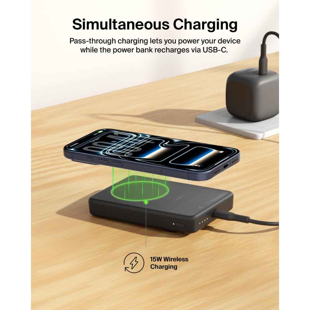 Belkin BoostCharge Slim Magnetic Power Bank 10K | Qi2 15W Wireless Charging, 30W USB-C, Built-In Kickstand, for iPhone 18/17/16/15/14/13/12 and Samsung Phones w/ Magnetic Case, Black