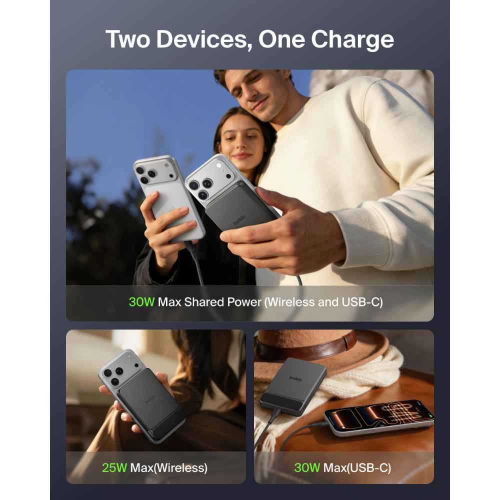 Belkin UltraCharge Slim Magnetic Power Bank 10K | Qi2 25W Wireless Charging, 30W USB-C Port, Digital Display, for iPhone 18/17/16/15/14/13/12, Samsung Phones w/ Magnetic Case, Black
