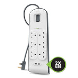 BELKIN 6-outlet Surge Protection Strip (2M)| Protective Power Extension Cord Up to 650 Joules, Anti-Power Spikes & Voltage Fluctuations, 2x 2.4 Amp USB-A Charging