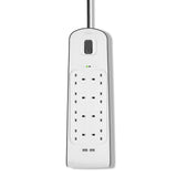 شريط حماية من زيادة التيار الكهربائي من بيلكين، 8 منافذ، بطول 2 متر، مزود بمنفذي شحن USB مشتركين بقوة 2.4 أمبير - أبيض