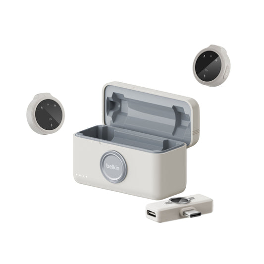 Belkin Stage Wireless Microphone, Dual Omnidirectional Mics with USB-C Receiver, 100m Range, 36H Battery, Noise Reduction, Magnetic Clip, for Content Creators & Vlogging - Sand