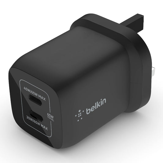 Belkin BoostCharge 65W Dual USB-C PD Wall Charger w/ PPS - Fast Charger w/ GAN Technology, Dual USB-C Ports, for Smartphones, Tablets, Apple MacbookPro 13"/ Air, ChromeBook - UK 3-Pin Plug - Black