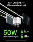 Belkin BoostCharge Pro Dual USB-C GaN Wall Charger 50W | 2-Port USB-C, PD 3.1 PPS, Foldable Prongs, for MacBooks, Laptops, Tablets, Smartphones, USB-C Devices, White