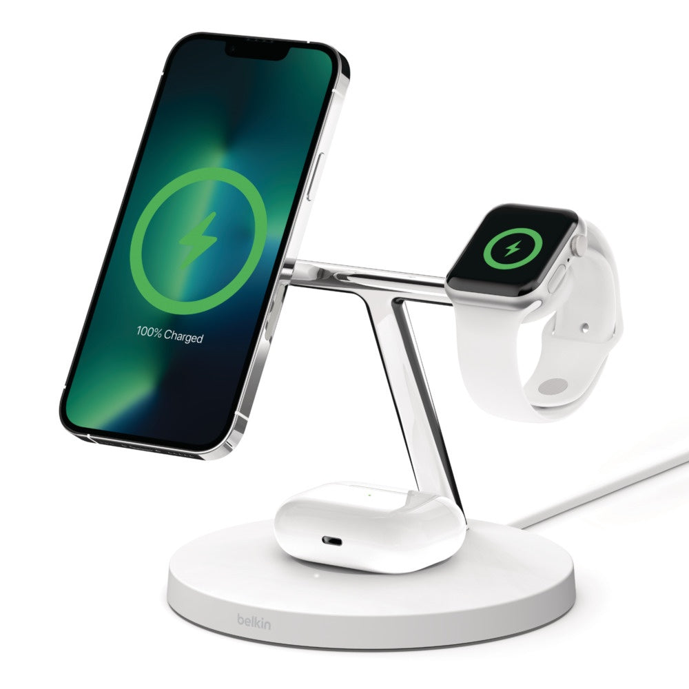 BELKIN BoostCharge Pro 3-In-1 Wireless Stand FastCharger with 15W MagSafe - White