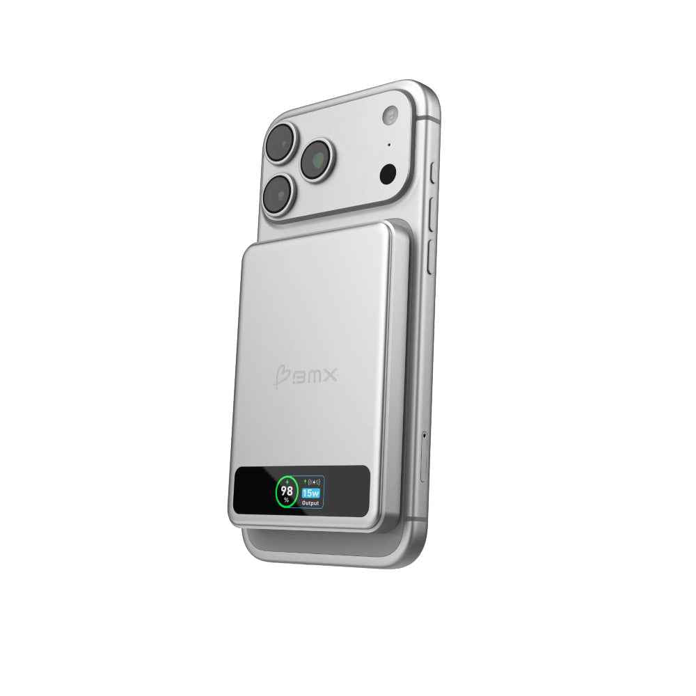 BMX SolidSafe™ 5K Magnetic Power Bank| Solid State Technology, Safe and Efficient, TSA Flight Approved, 15W/20W Wireless/Wired, USB-C Fast Charging, Info Display, Compact & Lightweight - Silver