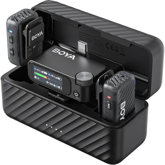 BOYA BOYAMIC 2 Wireless Microphones for iPhone 15-16/Android/PC/Camera, AI Noise Cancellation, 32-bit Float Internal Recording, AMOLED Touchscreen, 984ft 54h Battery with Charging Case(with Clip Mic)