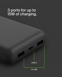 Belkin BOOSTCHARGE 20K Power Bank - Fast Charge 3 Ports (USB-C 1x, USB-A 2x) for Apple iPhone 14/13/12/11/XR/XS/X/8/7/6 Pro Max Plus Mini, iPad Pro/Air/Mini, Airpods & other USB-C Devices - Black