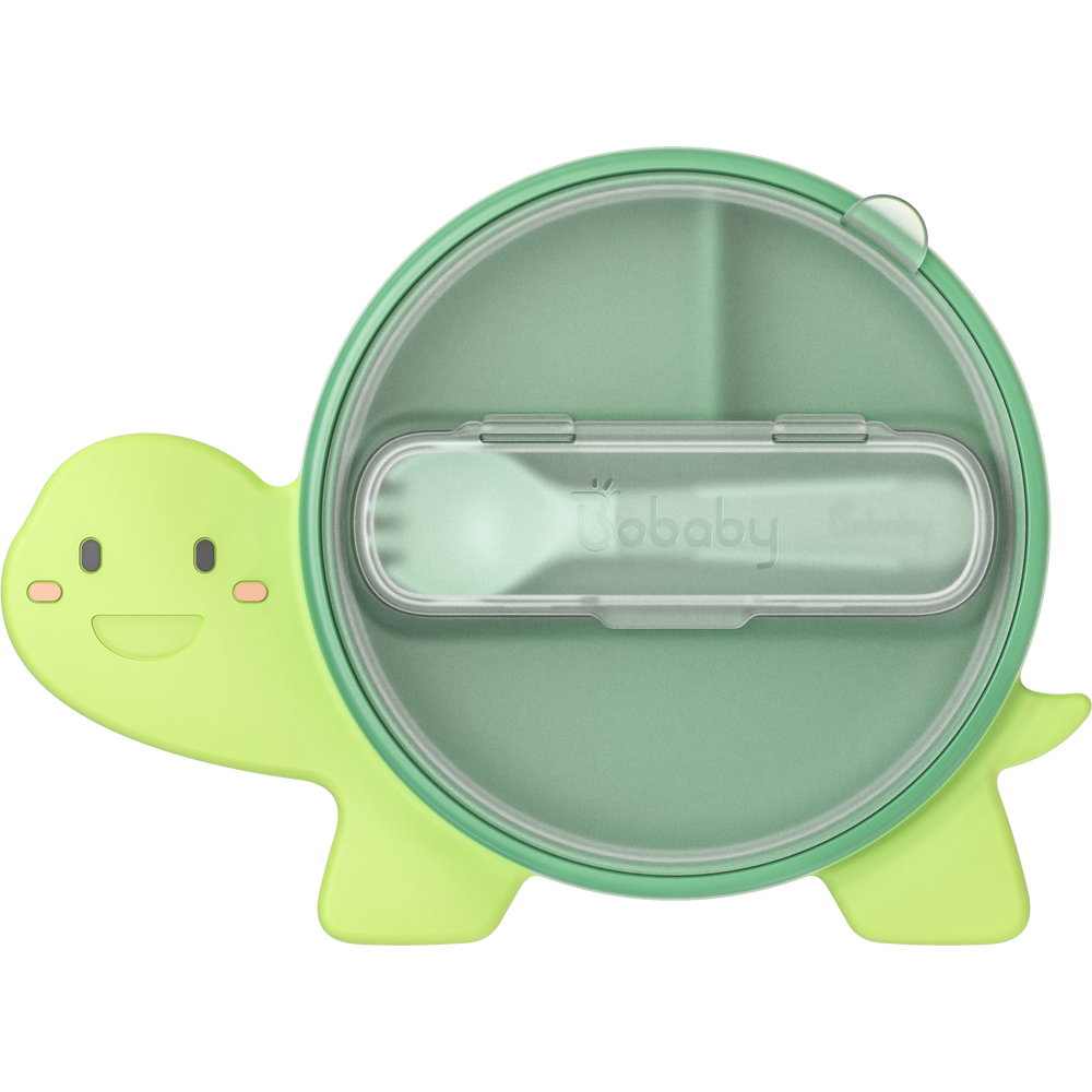 BoBaby Meal Buddies Turtle green 3-compartment silicone suction plate with spork
