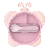 BoBaby Meal Buddies Butterfly pink 3-compartment silicone suction plate with spork