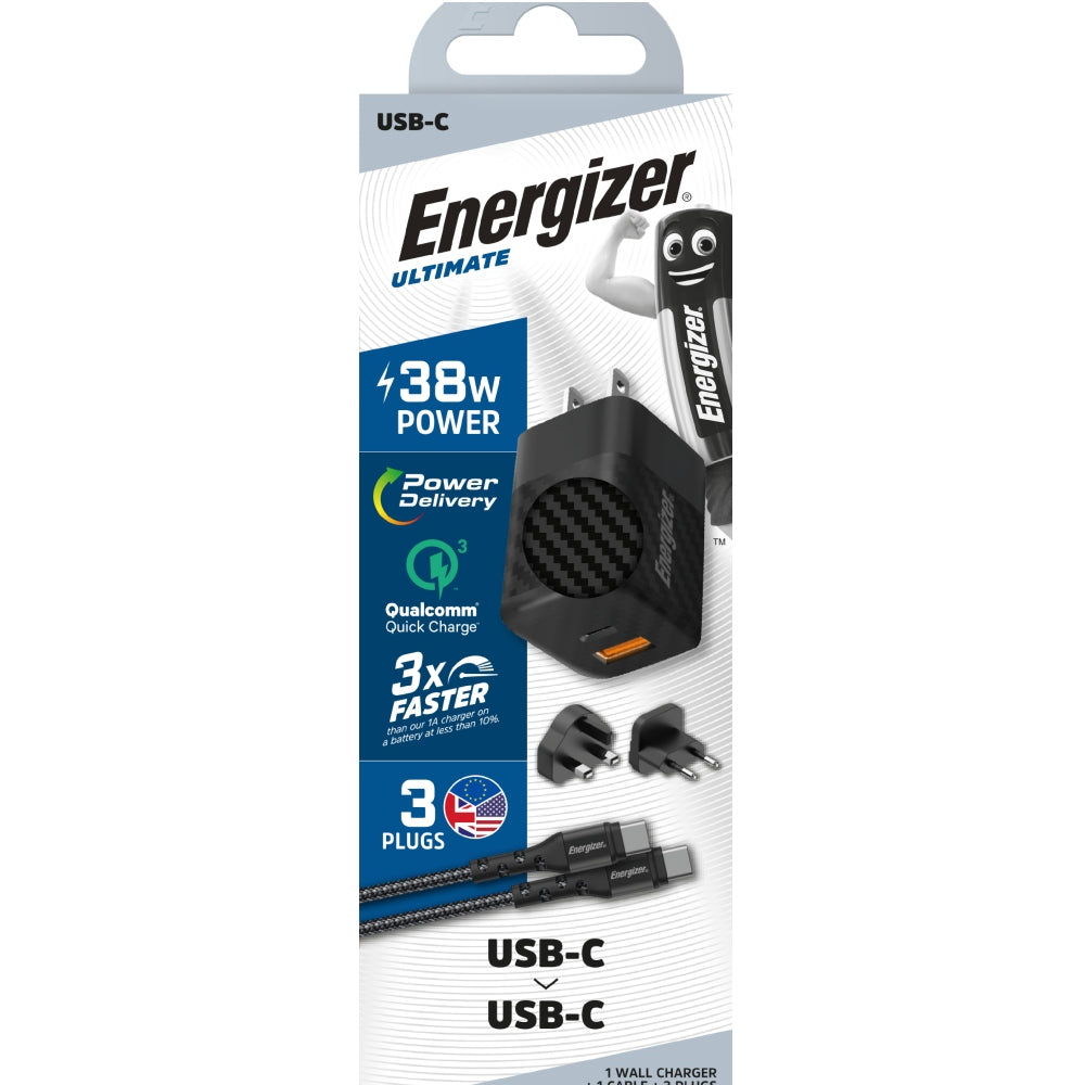 ENERGIZER Wall Charger PD QC3.0 Multi Plug 38W with USB-C Cable - Black