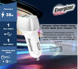 Energizer D38WS Car Charger| 38 Watts Fast Compact Dual Port (20W USB-C, 18W USB-A), PD & QC 3.0 for Apple iPhone 14/13/12/11 Pro Max/ Pro/ Plus/ iPad Pro / Air / Mini/ Samsung & Android - White