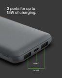 باور بانك بيلكين 10K، شحن معزز 15 واط، منفذ USB-C مزدوج 12 واط × 2، منفذ USB-A مزدوج، لون رمادي فضائي