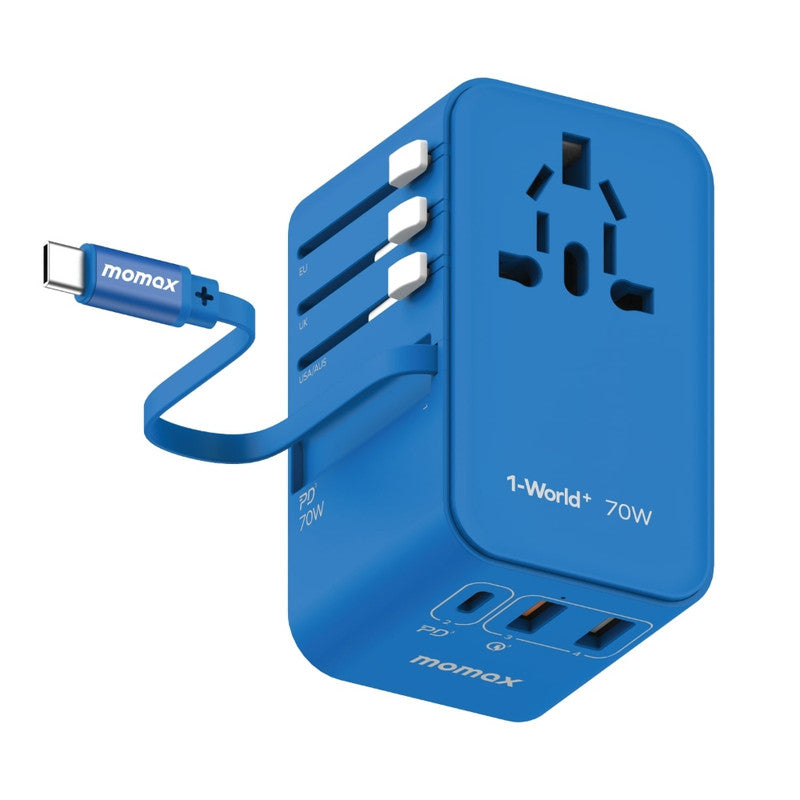 MOMAX 1 World Universal 3-Port Travel Charger + Built-in USB-C Cable GaN 70W - Blue