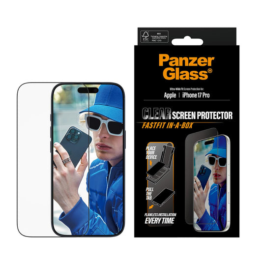 PanzerGlass iPhone 17 Pro Screen Protector 6.3" ULTRAWIDE, Full Screen Edge to Edge Tempered Glass, Drop/Scratch Protection, Anti-Fingerprint, FastFit IN-A-BOX Easy Install, Clear
