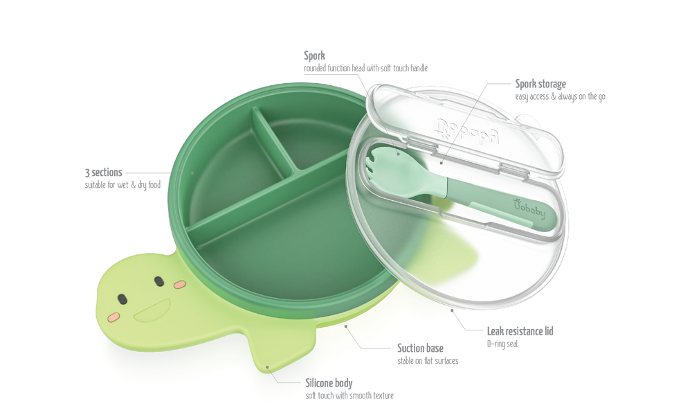 BoBaby Meal Buddies 3-Compartment Suction Plate with Spork Turtle Green
