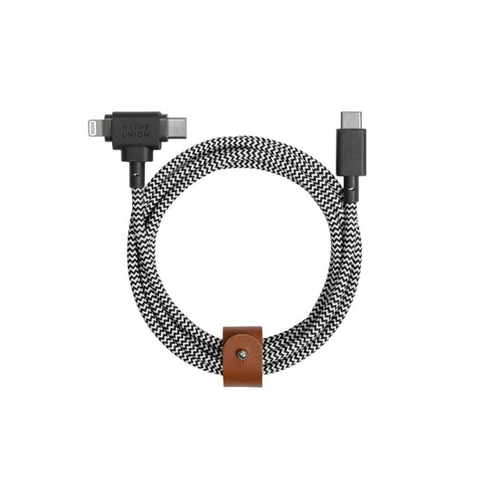Native Union BELT DUO USB-C to C+LIGHTNING Cable 1.5M - Universal Charging Cable, w/ Leather Strap, for Apple iPhone 14/13/12/Pro/Max, 11/Pro/Max, XS/XR/X/Max, 8/8 Plus, iPad Air/Pro, Airpods - Zebra