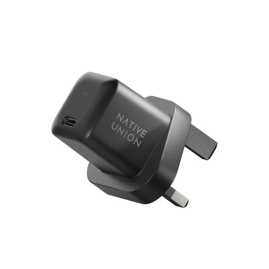 Native Union Fast GaN Charger PD 30W| USB-C Ultra Portable charger, Drop Protection, Great for Travel, Multi Plugs (EU/UK/US) for Apple iPhone, iPads, MacBook Air, Android, Samsung - Black