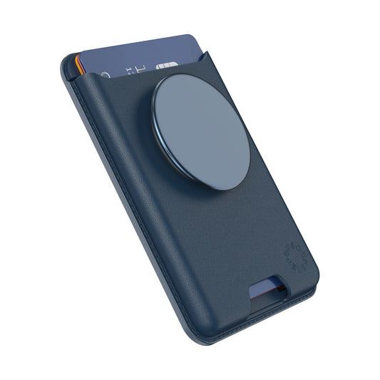 محفظة PopSockets الجلدية MagSafe PopWallet+ | محفظة جلدية لحمل البطاقات + مقبض + حامل، تتسع لـ 3 بطاقات، مغناطيس قوي، لأجهزة iPhone 15/14/13/12، تتضمن حلقة محول للهواتف والأغطية غير المتوافقة مع MagSafe - أزرق داكن
