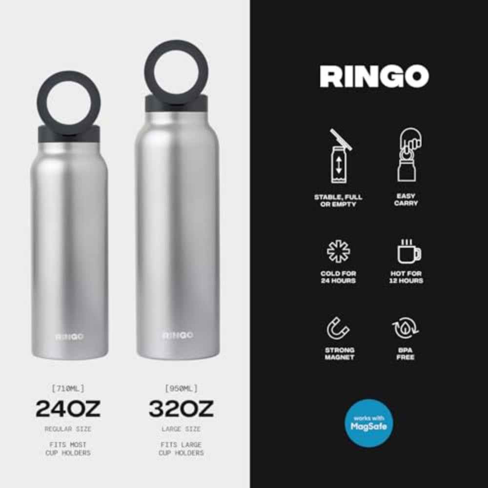 RINGO Water Bottle + Free Magnetic Booster Ring| Stainless Steel Hydration Bottle w/ Integrated MagSafe Phone Mount, 12Hrs Hot/24Hrs Cold, BPA-Free, Works w/ All Devices Android & iOS- Stainless 32Oz