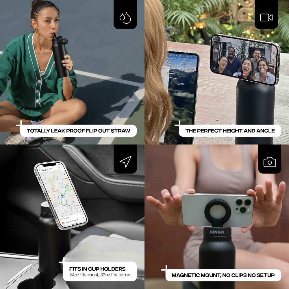 RINGO PRO Water Bottle with Sip Straw Lid| Stainless Steel Hydration Bottle w/ Integrated Magnetic Phone Mount, 12Hrs Hot/24Hrs Cold, BPA-Free, Works w/ Phones & Tablets - Black 24Oz / 710ml