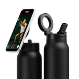 RINGO PRO Water Bottle with Sip Straw Lid| Stainless Steel Hydration Bottle w/ Integrated Magnetic Phone Mount, 12Hrs Hot/24Hrs Cold, BPA-Free, Works w/ Phones & Tablets - Black 24Oz / 710ml