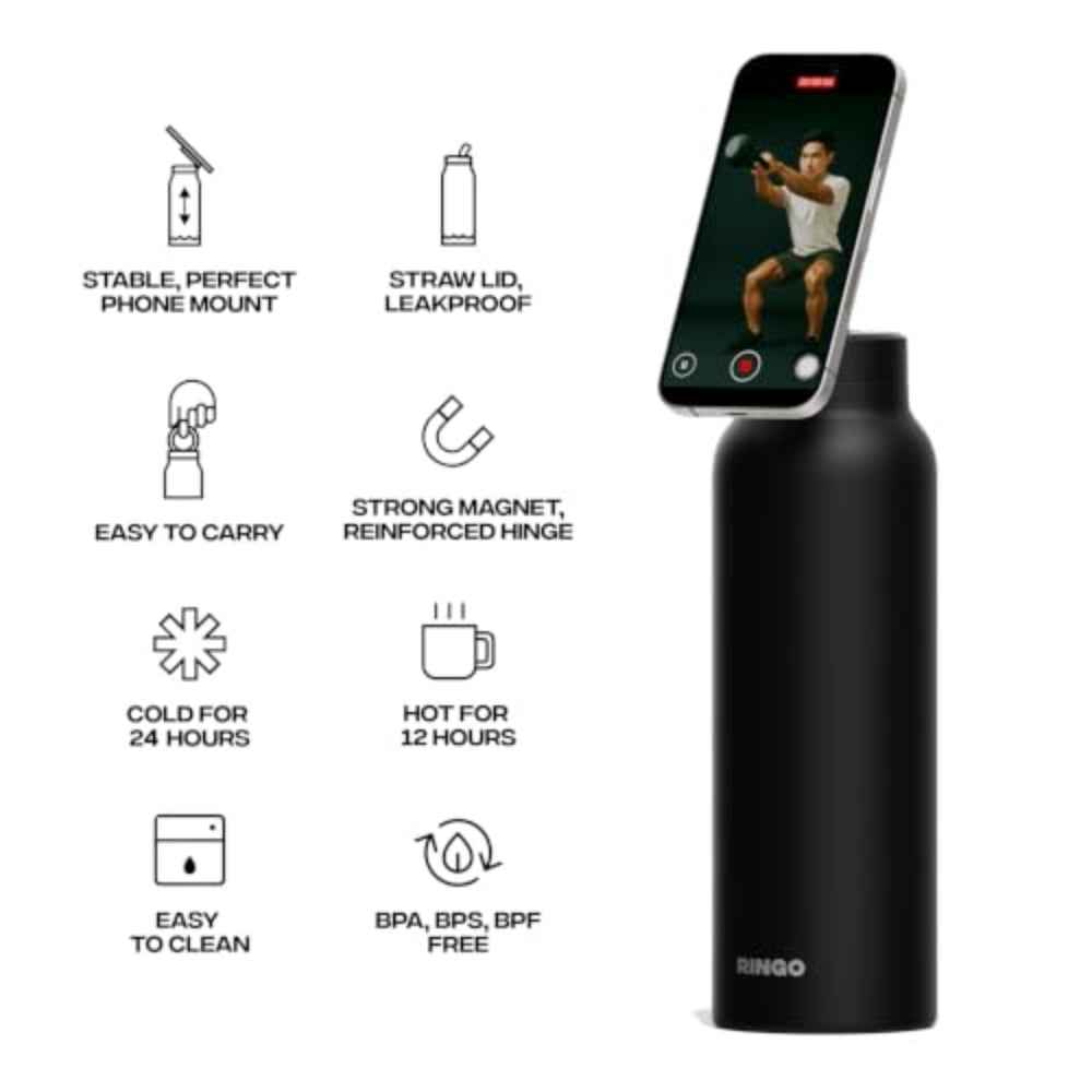 RINGO PRO Water Bottle with Sip Straw Lid| Stainless Steel Hydration Bottle w/ Integrated Magnetic Phone Mount, 12Hrs Hot/24Hrs Cold, BPA-Free, Works w/ Phones & Tablets - Black 24Oz / 710ml