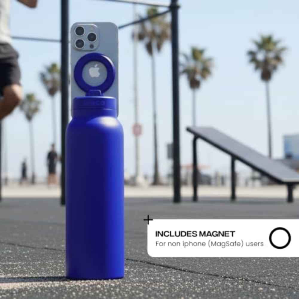 RINGO PRO Water Bottle with Sip Straw Lid| Stainless Steel Hydration Bottle w/ Integrated Magnetic Phone Mount, 12Hrs Hot/24Hrs Cold, BPA-Free, Works w/ Phones & Tablets - Blue 24Oz / 710ml