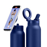 RINGO PRO Water Bottle with Sip Straw Lid| Stainless Steel Hydration Bottle w/ Integrated Magnetic Phone Mount, 12Hrs Hot/24Hrs Cold, BPA-Free, Works w/ Phones & Tablets - Blue 24Oz / 710ml