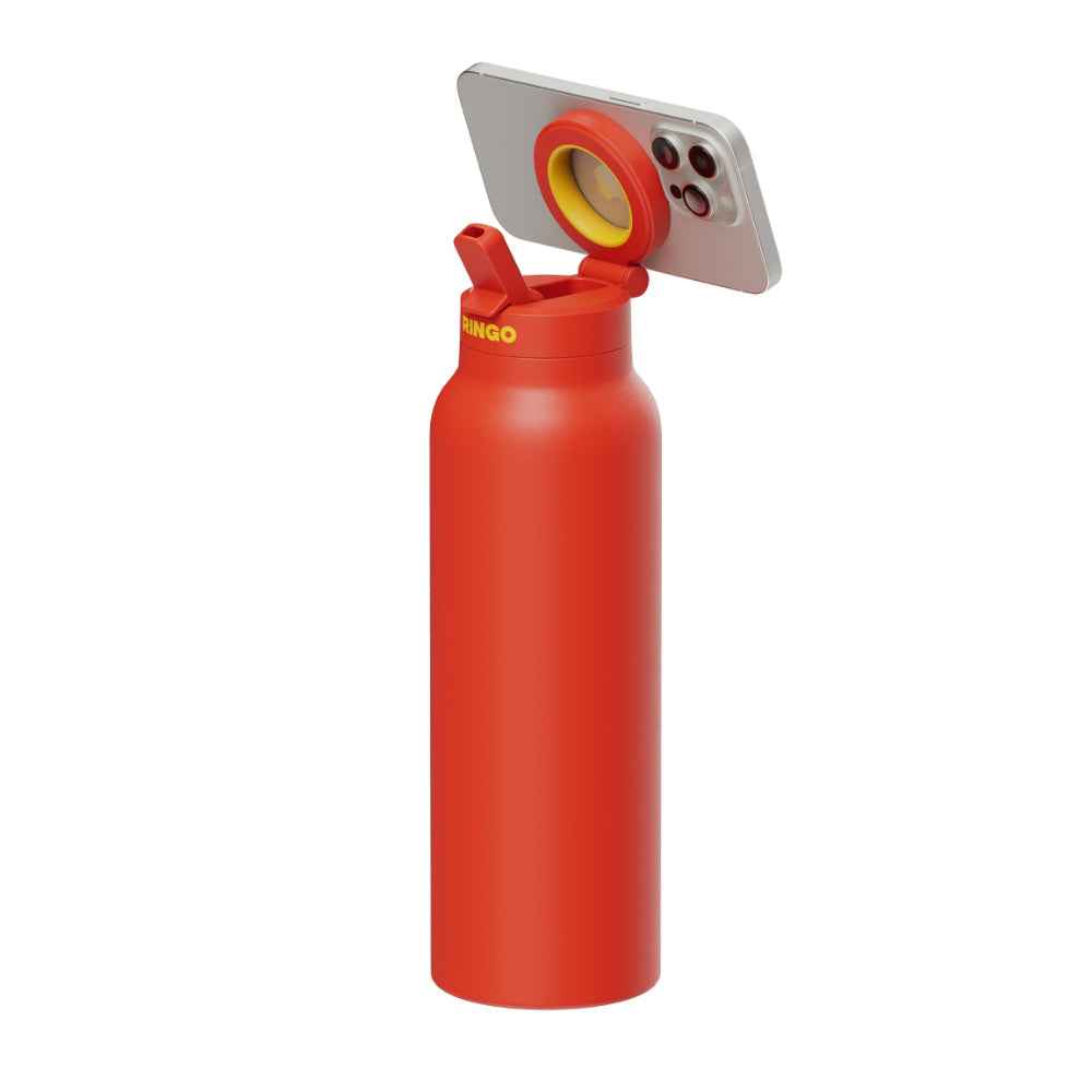 RINGO PRO Water Bottle with Sip Straw Lid| Stainless Steel Hydration Bottle w/ Integrated Magnetic Phone Mount, 12Hrs Hot/24Hrs Cold, BPA-Free, Works w/ Phones & Tablets - Orange 24Oz / 710ml