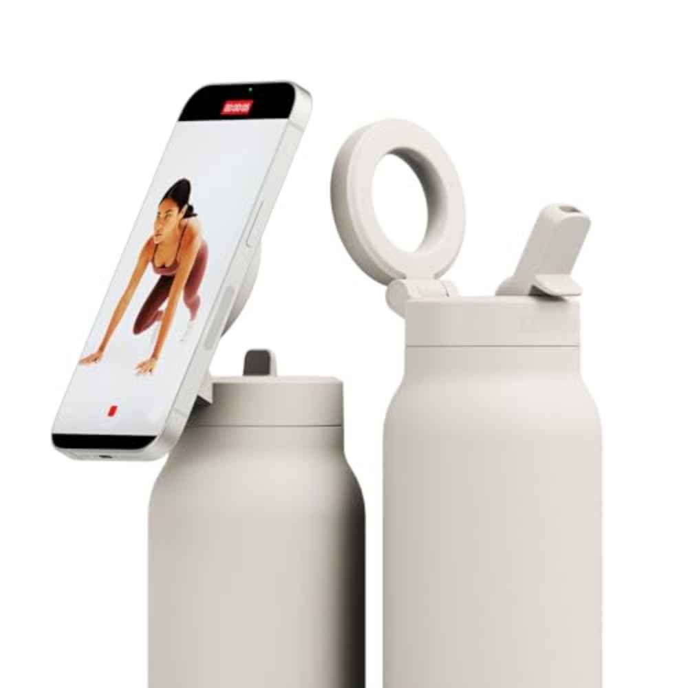 RINGO Water Bottle + Free Magnetic Booster Ring| Stainless Steel Hydration Bottle w/ Integrated MagSafe Phone Mount, 12Hrs Hot/24Hrs Cold, BPA-Free, Works w/ All Devices Android & iOS - Ivory 32Oz