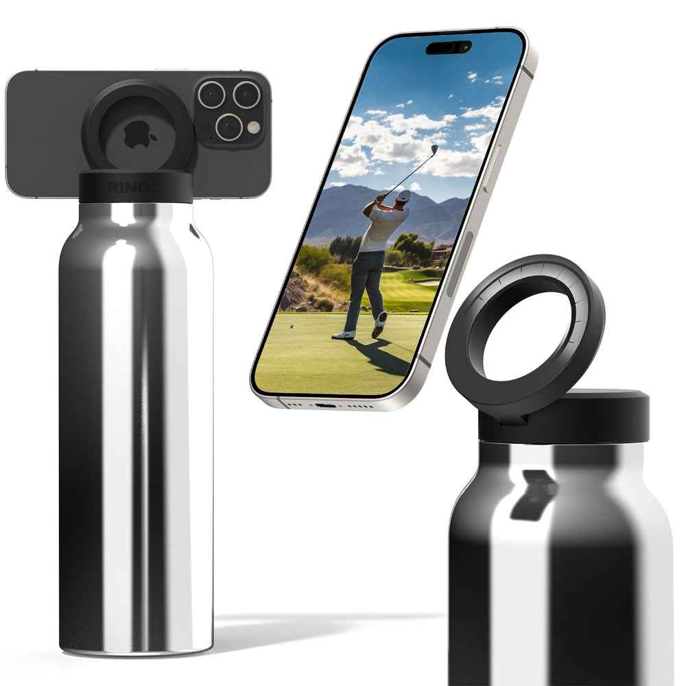 RINGO Water Bottle + Free Magnetic Booster Ring| Stainless Steel Hydration Bottle w/ Integrated MagSafe Phone Mount, 12Hrs Hot/24Hrs Cold, BPA-Free, Works w/ All Devices Android & iOS- Stainless 32Oz