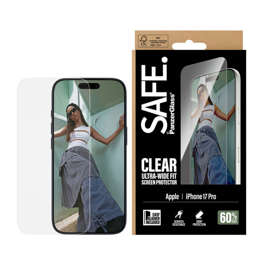 Safe by PanzerGlass iPhone 17 Pro Screen Protector 6.3", Ultra Wide Fit Tempered Glass, Edge to Edge Drop Protection, Scratch Resistant, Case Friendly, w/ Easy Install Aligner - Clear