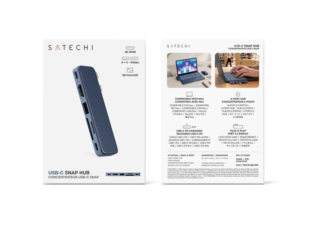 Satechi USB-C Snap Hub, 6-in-1 USB-C Hub for MacBook Neo, MacBook Air & Pro, 4K HDMI, 45W PD Charging, USB-A & USB-C 5Gbps, SD & MicroSD Card Readers, Aluminum, Compact Design, Indigo