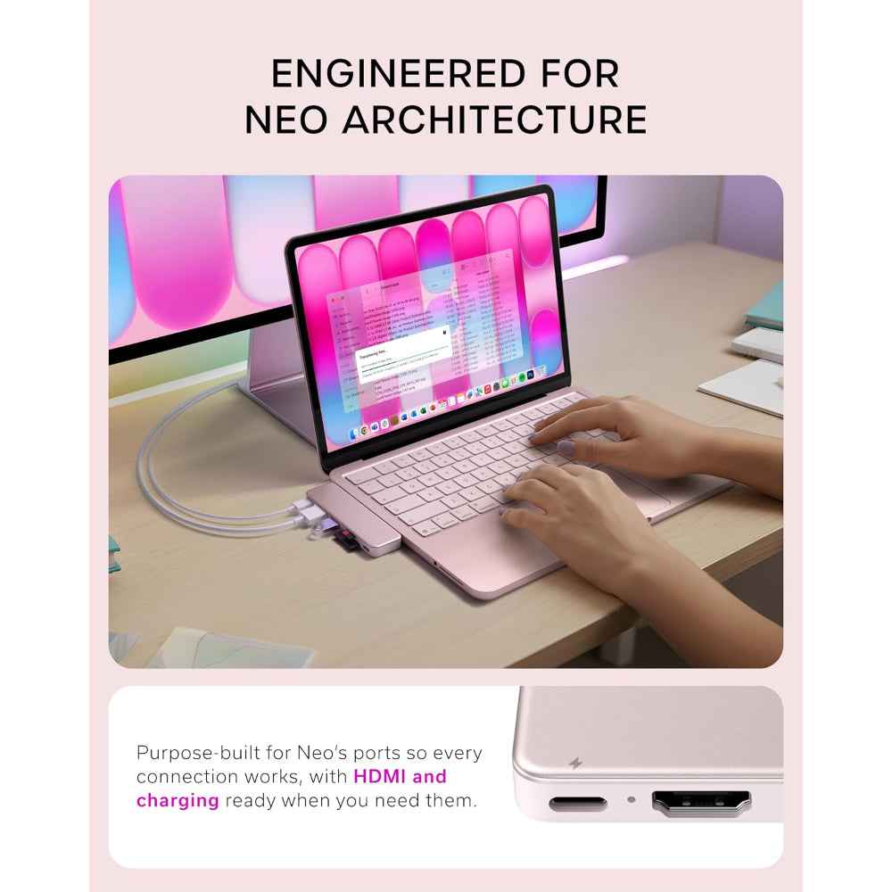 Satechi USB-C Snap Hub, 6-in-1 USB-C Hub for MacBook Neo, MacBook Air & Pro, 4K HDMI, 45W PD Charging, USB-A & USB-C 5Gbps, SD & MicroSD Card Readers, Aluminum, Compact Design, Blush