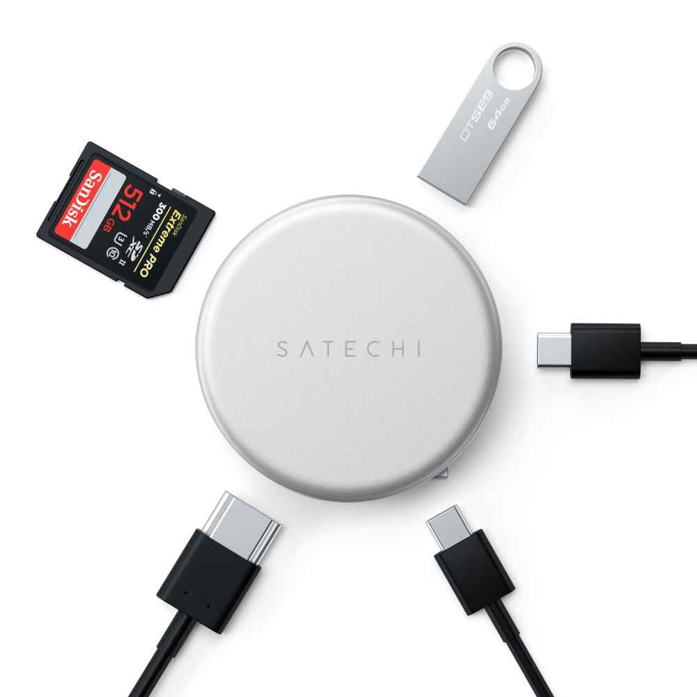 Satechi OntheGo 5-in-1 Multiport Adapter, USB-C Hub for MacBook Neo, MacBook Air & Pro, 4K HDMI, 60W PD Charging, 5Gbps USB-C & USB-A, UHS-I SD Card Reader, Magnetic Mount, Silver