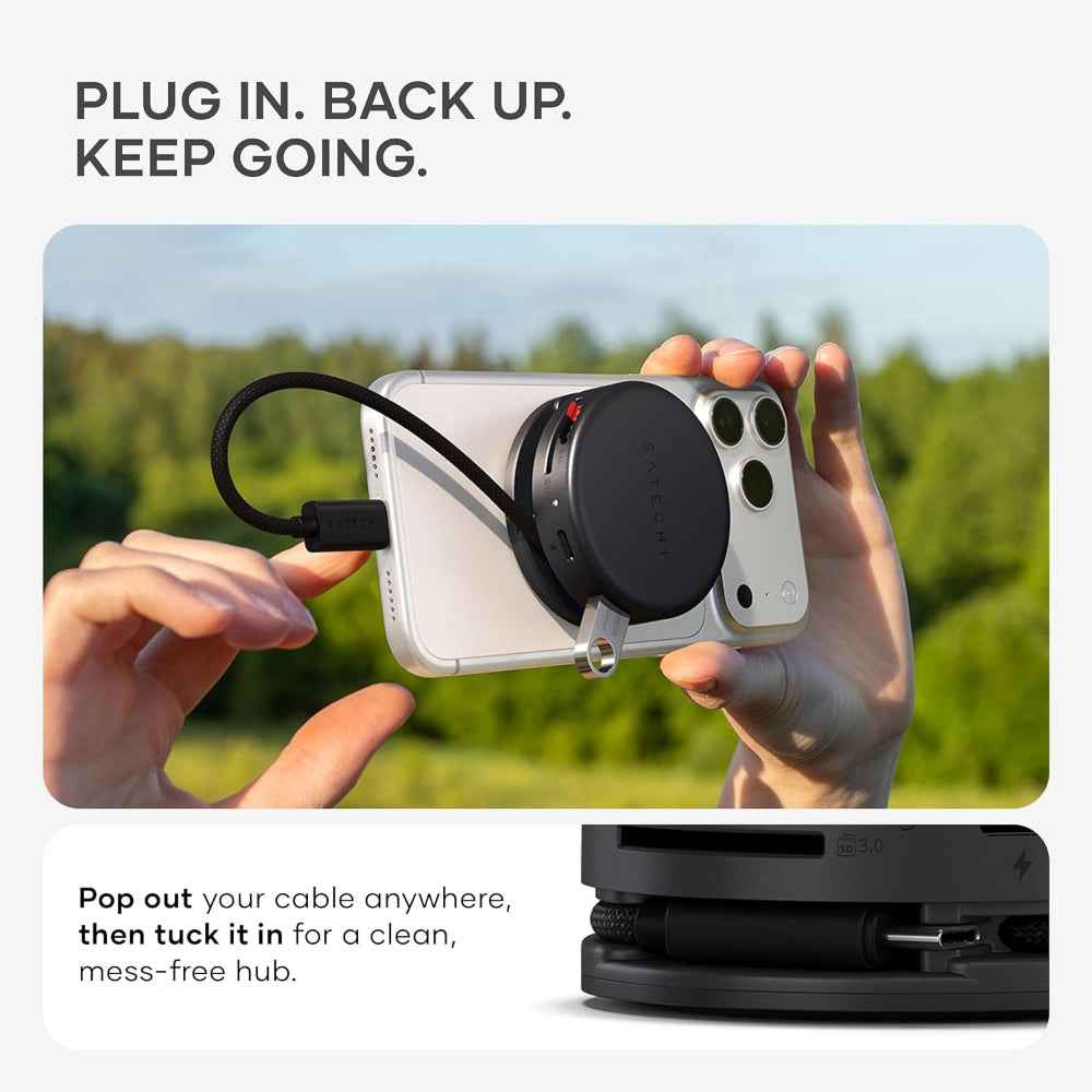 Satechi OntheGo™ 7-in-1 USB-C Hub, Compact Magnetic Multiport Adapter, 100W PD, HDMI 4K/60Hz, Gigabit Ethernet, 2×USB-A 5Gbps, SD/microSD Reader, Coiled Cable, for Mac & Windows – Space Black