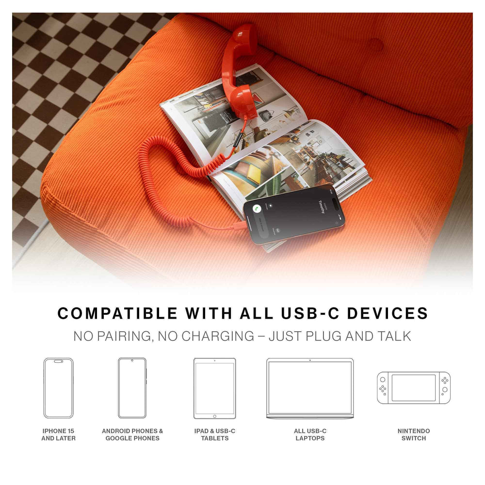 Native Union Pop Phone Alarm Retro Handset USB-C, Plug and Talk Connection, Hi-Quality Microphone and Speaker, Less Radiation, for iPhone 17/16/15 Tablets MacBooks Laptops w/ USB-C port - Pine