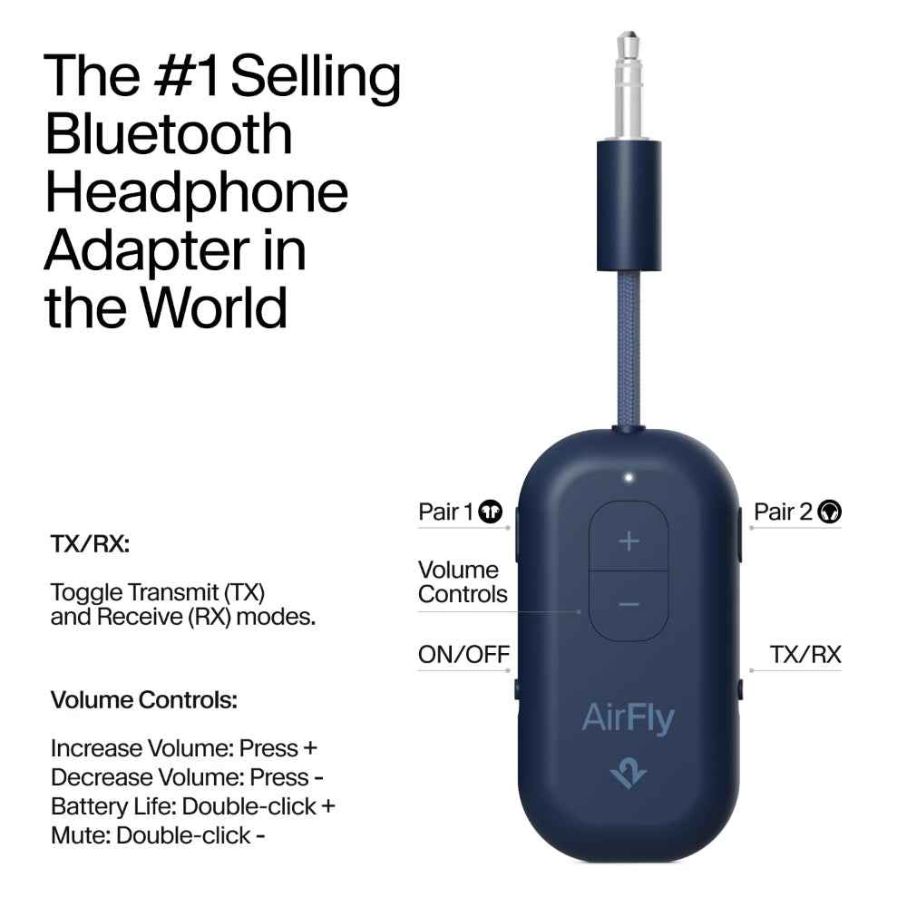 Twelve South AirFly Pro 2 Bluetooth 5.0 Transmitter/Receiver for TV/Airplane to 2 Wireless Headphones – Wireless Adapter for AirPods, Airplane, Car, Gym, Home, Use with Any 3.5 mm Audio Jack, Blue