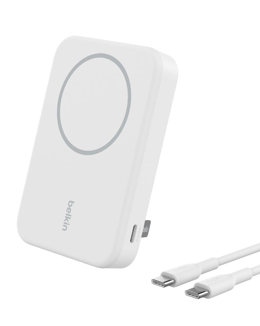 BELKIN Magnetic Qi2 Wireless Power Bank 8KmAh + Kick Stand| 15W MagSafe Portable Charger,Movies, Video Call, NightStand, for Apple iPhone 16/15/14/13/12 Series, S25/24/23 Ultra, iOS & Android - White