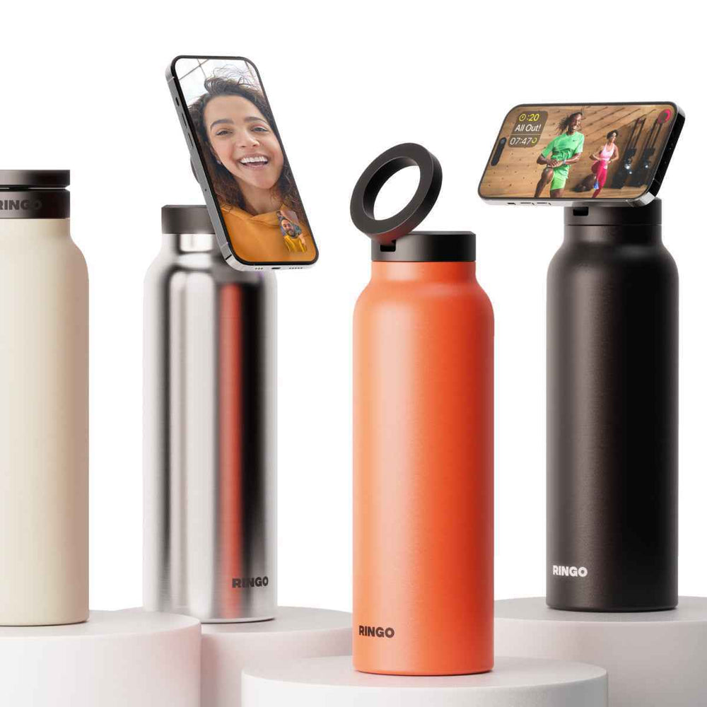 RINGO Water Bottle + Free Magnetic Booster Ring| Stainless Steel Hydration Bottle w/ Integrated MagSafe Phone Mount, 12Hrs Hot/24Hrs Cold, BPA-Free, Works w/ All Devices Android & iOS- Stainless 32Oz