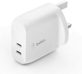 شاحن جداري مزدوج من نوع BELKIN بقوة 40 واط، مزود بمنفذي USB-C بتقنية الشحن السريع PD، وقوة 20 واط لكل منفذ - أبيض