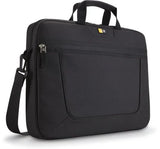 Black laptop bag with front zipper pocket, carrying handles, and shoulder strap