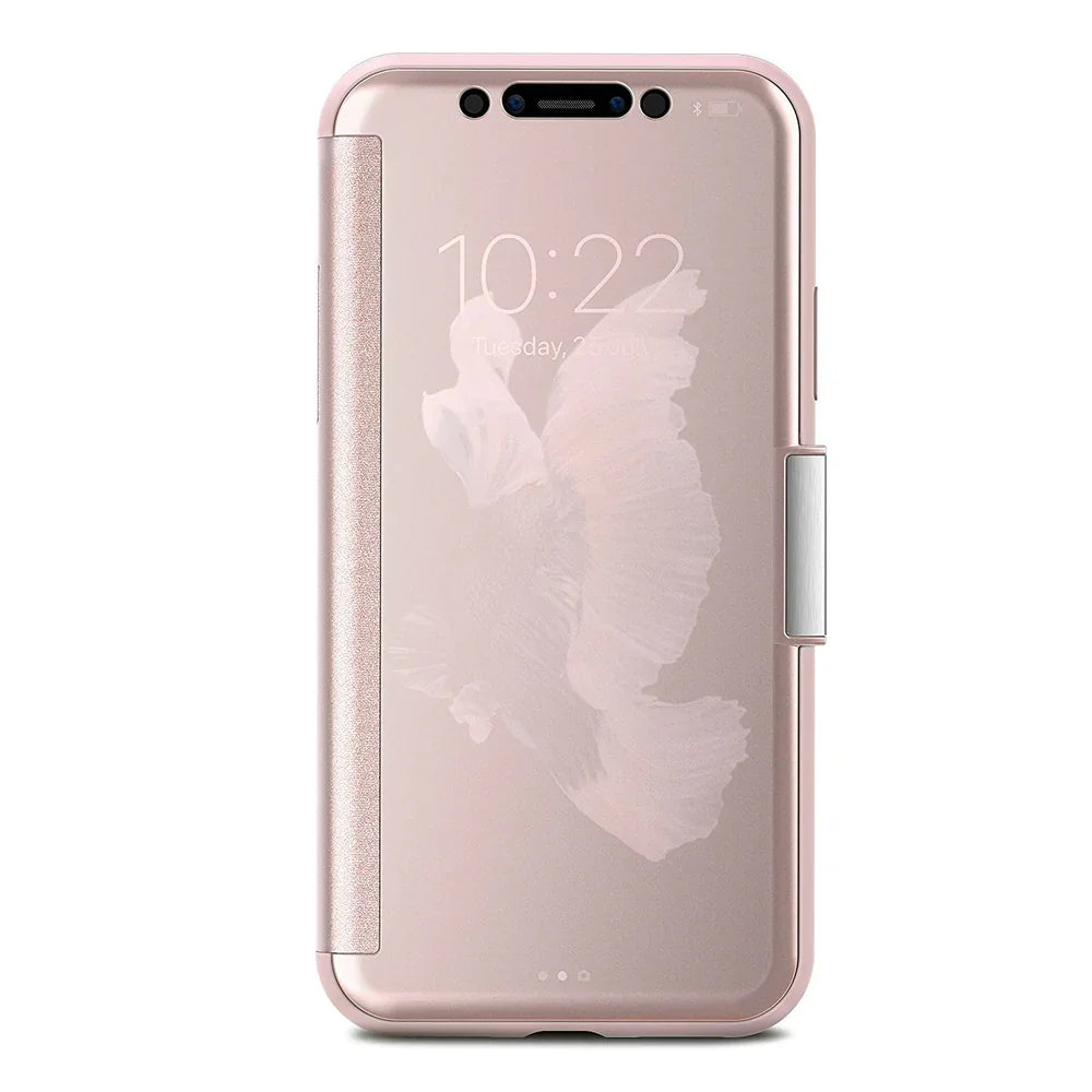 Rose gold folio phone case with clear front cover and metallic side clasp