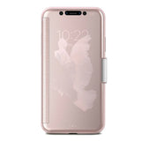 Rose gold folio phone case with clear front cover and metallic side clasp